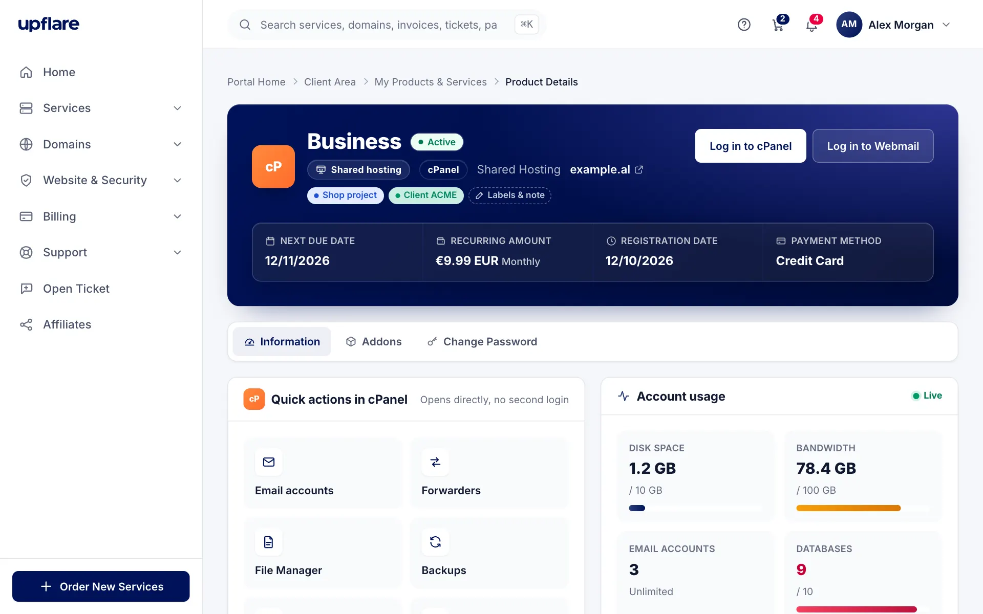 Upflare client area: a hosting account with one-click cPanel tools and live usage