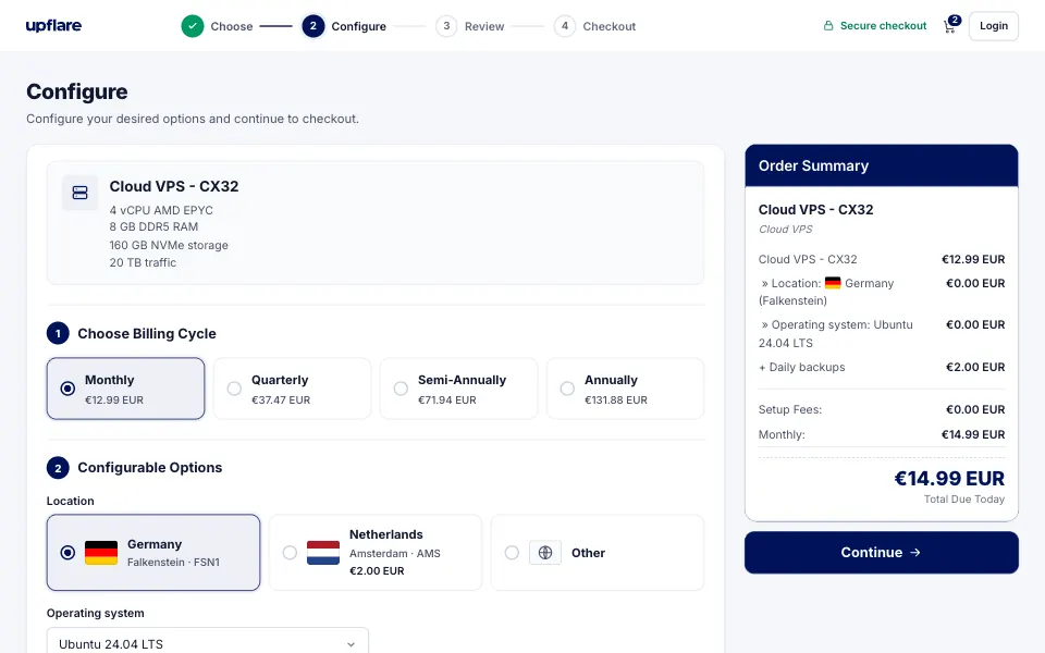 Ordering a Cloud VPS at Upflare: billing cycle and data center location