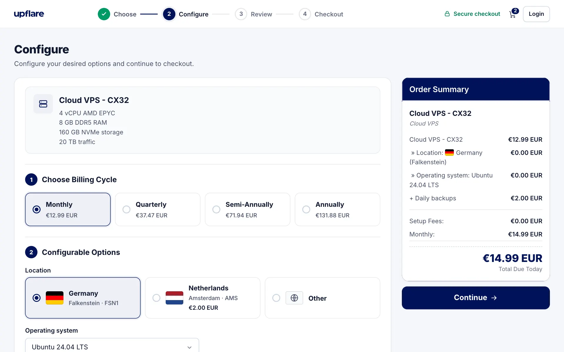 Ordering a Cloud VPS at Upflare: choose the billing cycle and the data center location (Germany or Netherlands)